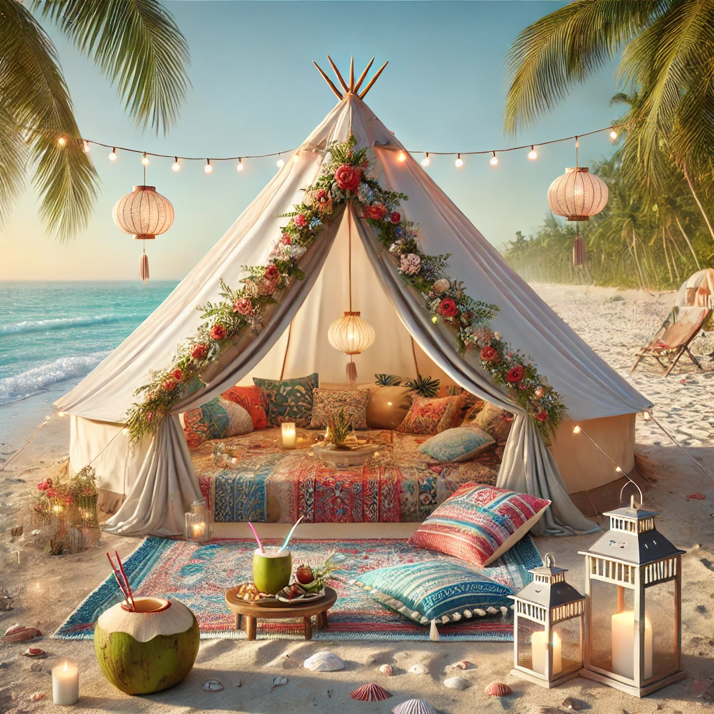 Immerse yourself in a magical Moana-themed slumber party with this enchanting beach tent setup by the ocean. Adorned with vibrant flowers and twinkling lanterns, the tent offers an inviting, tropical oasis. Inside, discover an array of colorful cushions and plush rugs that create a cozy retreat, surrounded by swaying palm trees and sparkling string lights that enhance the dreamy coastal ambiance. Perfect for capturing unforgettable moments at your next island-inspired getaway or themed party event!.