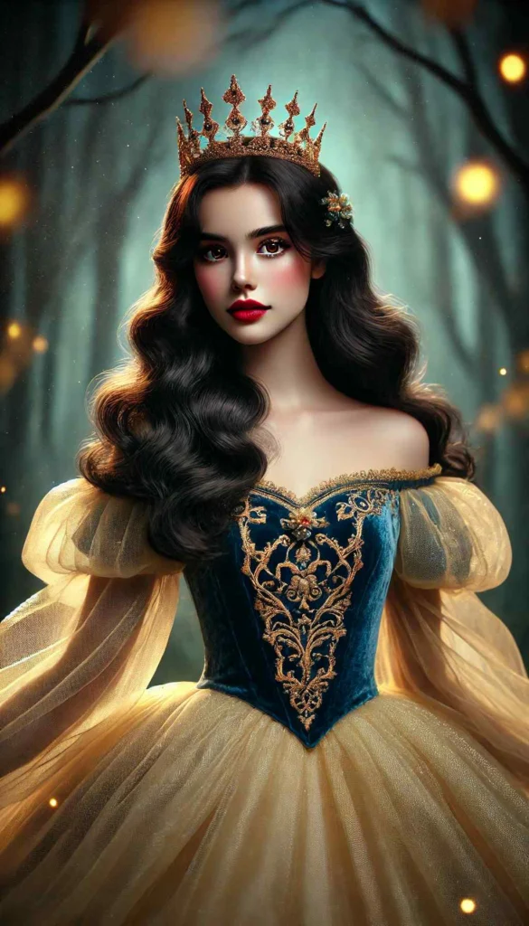 A captivating woman with luxurious long, wavy hair evocative of Snow White graces the scene, wearing a resplendent gold crown atop her head. Her ornate gown dazzles with intricate blue and gold embroidery, enhancing her regal presence. She stands enchantingly in a dimly lit forest teeming with magic and mystery, an enchanting woodland that whispers the secrets of fairy tales. The atmosphere is steeped in fantasy and wonder, making it an ideal backdrop for this modern-day queen or princess moment.