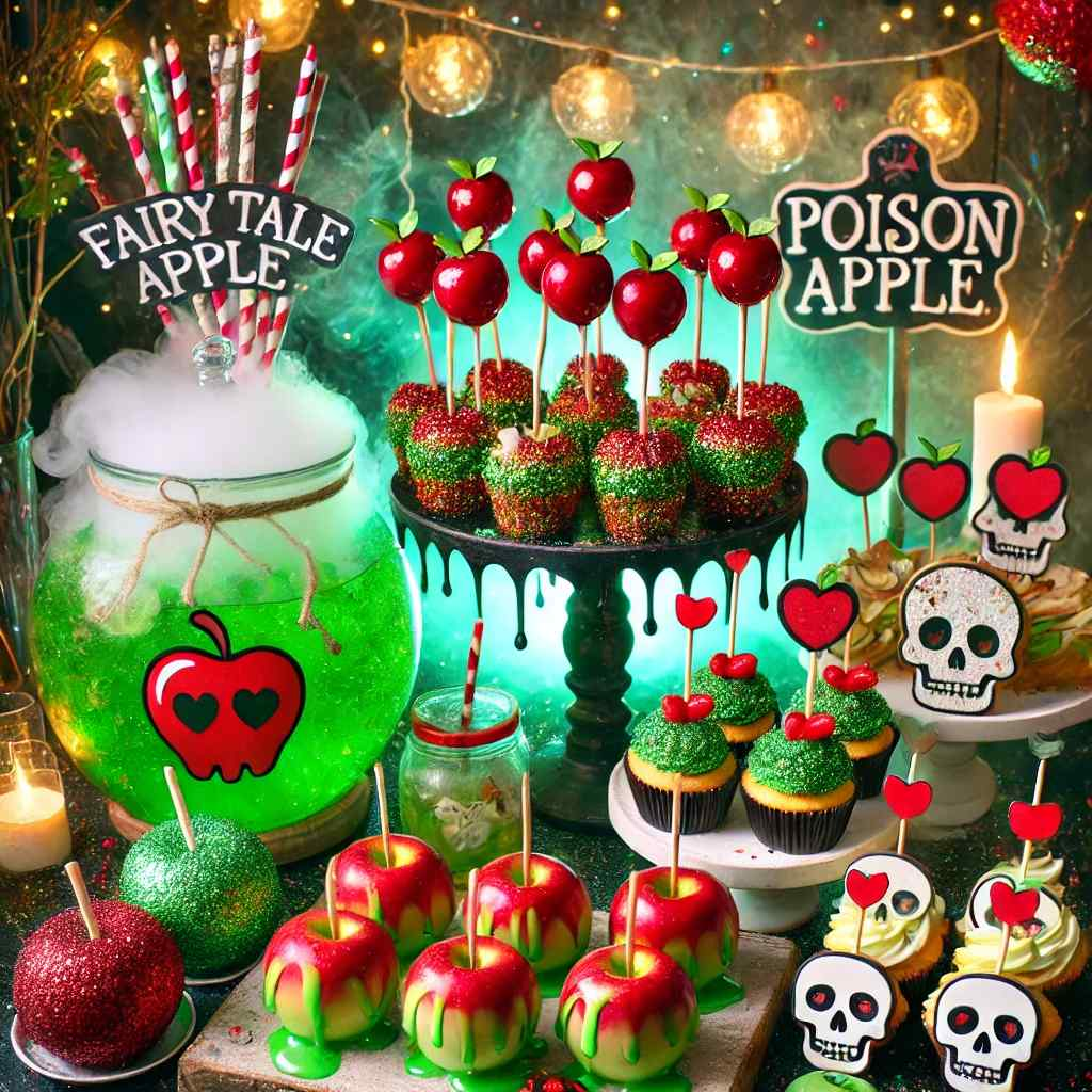 A vibrant and enchanting spread of candy apples, whimsical cupcakes, and fairy tale-inspired treats brings to life the magical world of Snow White. Each delicacy is artfully arranged with signs resembling poison apples, enhancing the nostalgic allure. The scene is bathed in a warm glow from twinkling lights and softly flickering candles, creating a captivating ambiance perfect for fairy tale enthusiasts. This display not only dazzles the taste buds but also captivates the imagination with its storybook charm. Perfect for parties or themed gatherings!.