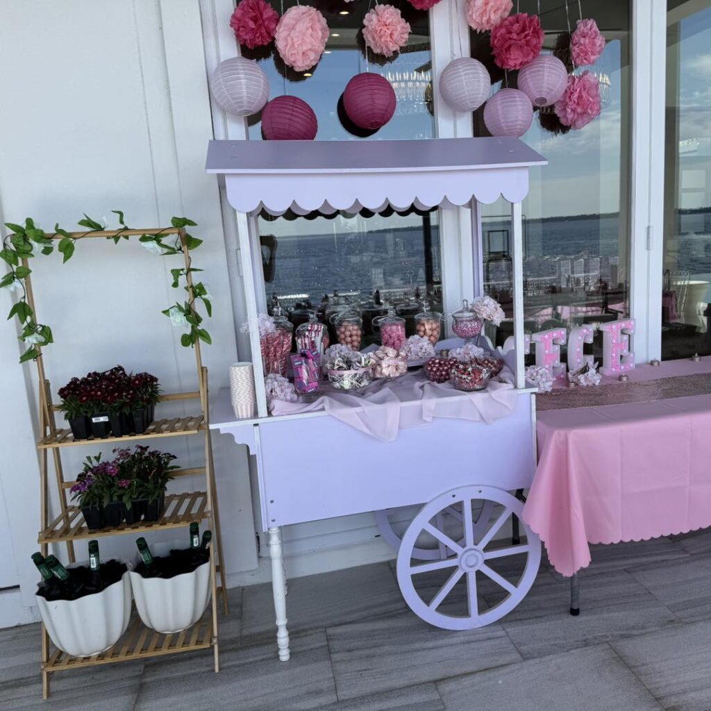 A pastel candy cart decorated with pink sweets, jars, and paper lanterns stands next to a drink shelf and a pink-covered table, perfect for an outdoor movie night in Florida overlooking the water through glass doors.