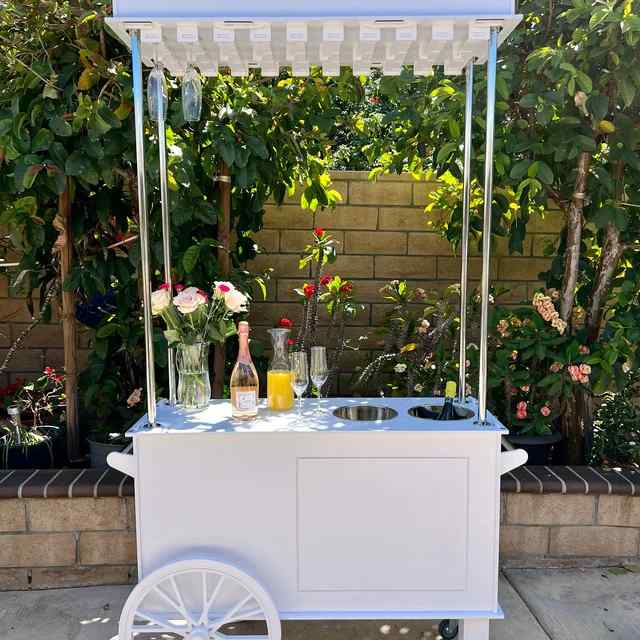 A white cart with flowers, champagne, glasses, and orange juice is set up outdoors in front of a brick wall and green plants—perfect for an outdoor movie night in Florida.