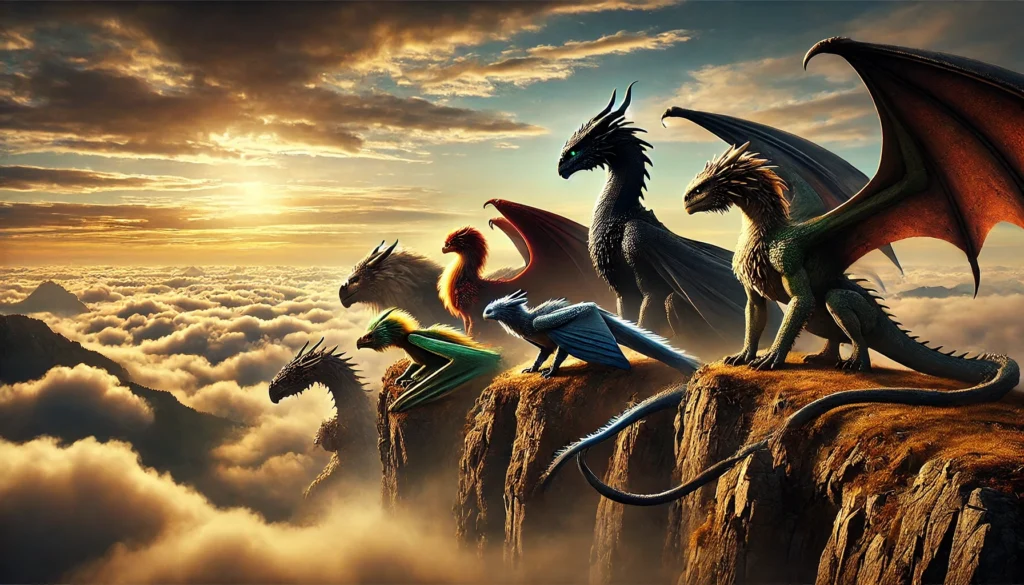 Seven colorful dragons, inspired by How to Train Your Dragon, perch on a rocky cliff above the clouds at sunrise, each with distinct shapes and hues, overlooking a scenic, sunlit sky.
