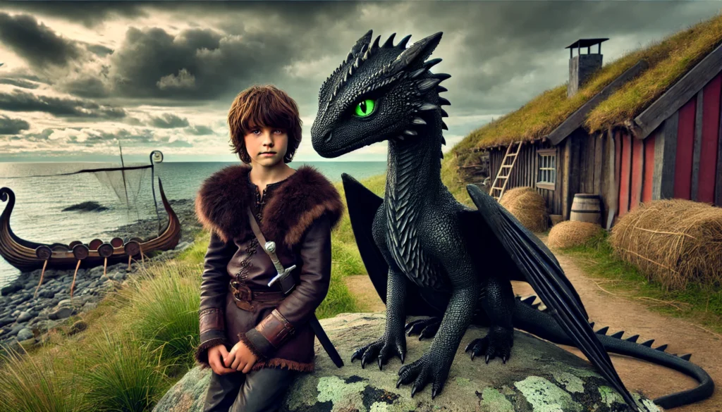 A boy in medieval attire sits on a large rock beside a small black dragon with green eyes, evoking How to Train Your Dragon vibes, with a Viking ship and wooden house in the background by the sea—perfect inspiration for slumber party ideas.