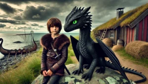 A boy in medieval attire sits on a large rock beside a small black dragon with green eyes, evoking How to Train Your Dragon vibes, with a Viking ship and wooden house in the background by the sea—perfect inspiration for slumber party ideas.